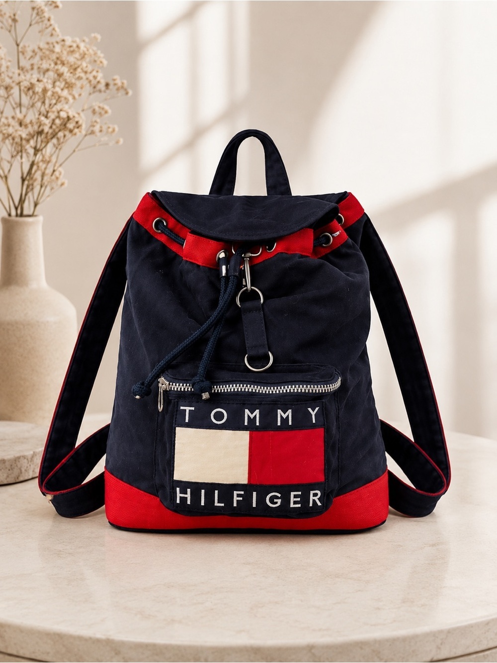 Vintage Y2K Tommy Hilfiger Logo Drawstring Backpack Navy Red Bookbag